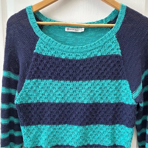 Ricki’s Striped Blue Teal Sweater Lightweight Cotton Open Weave Size Small - Picture 4 of 14